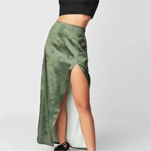 NWT Free People Serena Slim Maxi Skirt Moon Celestial Green Olive Combo Satin 8